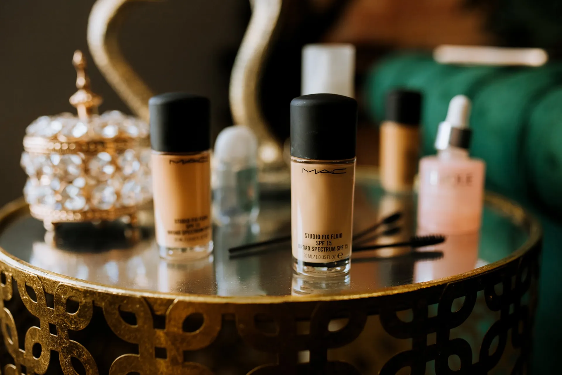 Skincare and makeup products on the vanity at Bridgette Aesthetics in Lewiston, Maine